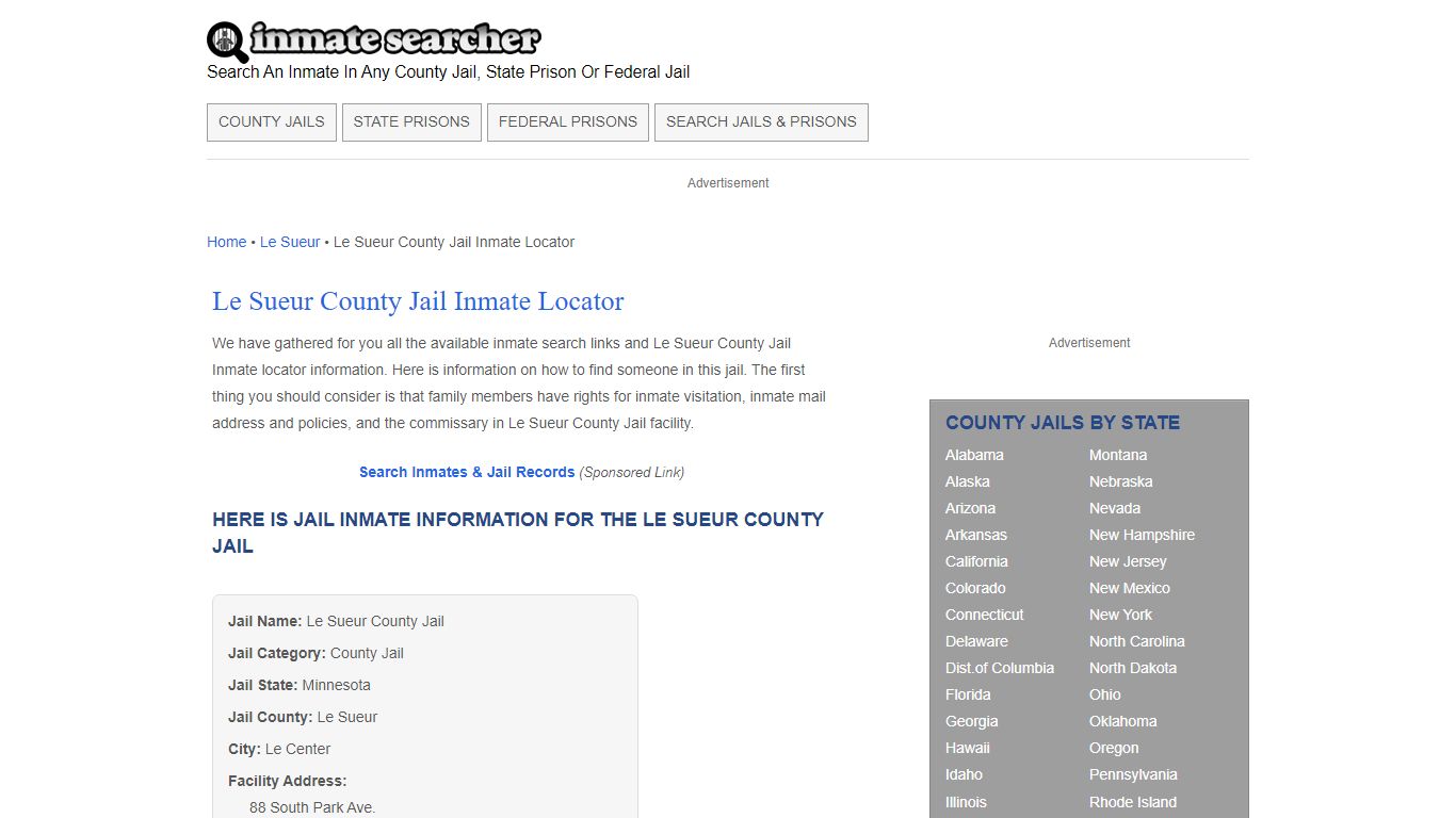 Le Sueur County Jail Inmate Locator - Inmate Searcher